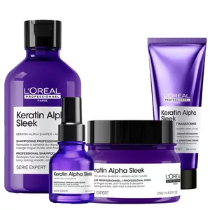 Loreal Keratin Alpha Sleek, zestaw wygładzający do włosów puszących się, szampon + kuracja + maska + olejek