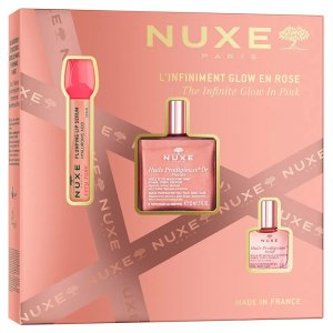 Nuxe The Infinite Glow In Pink zestaw suchy olejek z drobinkami 50ml + nawilżające serum powiększające usta 8ml + suchy olejek 10ml