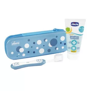Chicco Zawsze z Uśmiechem zestaw pasta do zębów 50ml + szczoteczka do zębów + etui 6-36m Indigo
