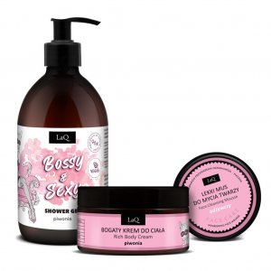 LaQ Piwonia Silver, zestaw, żel 500ml + krem do ciała 200ml + mus do twarzy 40g (sianko)