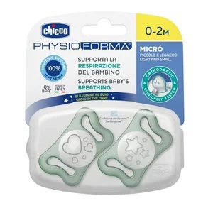 Chicco PhysioForma silikonowy smoczek do uspokajania Micro dla dzieci 0-2m+ Świecący 2szt.
