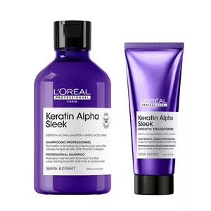 Loreal Keratin Alpha Sleek, zestaw wygładzający do włosów puszących się, szampon + kuracja
