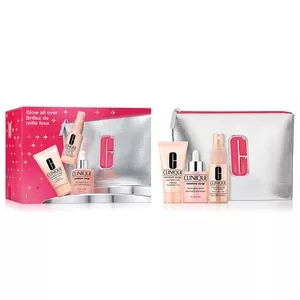Clinique Glow All Over zestaw aktywne serum zapewniające blask 30ml + maseczka intensywnie nawilżająca 30ml + mgiełka do twarzy 30ml + kosmetyczka