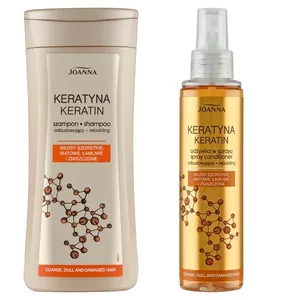 Joanna Keratyna, zestaw odbudowujący włosy zniszczone, szampon + odżywka w sprayu, 200ml + 150ml