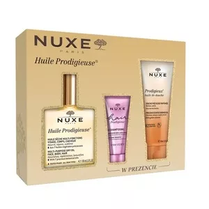 Nuxe Huile Prodigieuse zestaw suchy olejek 100ml + szampon do włosów 30ml + olejek pod prysznic 100ml