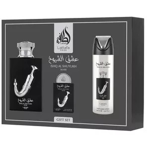 Lattafa Ishq Al Shuyukh Silver zestaw woda perfumowana spray 100ml + woda perfumowana spray 20ml + dezodorant spray 200ml (U)