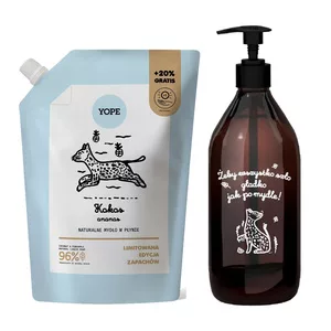 Yope, zestaw mydło w płynie 600ml refill + szklana butelka, kokos ananas