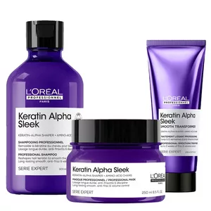 Loreal Keratin Alpha Sleek, zestaw wygładzający do włosów puszących się, szampon + kuracja + maska