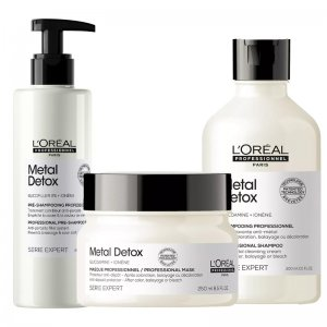 Loreal Metal Detox, zestaw regenerujący włosy farbowane, pre-szampon + szampon + maska
