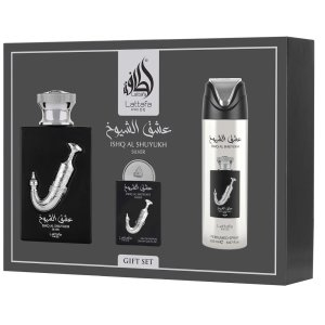Lattafa Ishq Al Shuyukh Silver zestaw woda perfumowana spray 100ml + woda perfumowana spray 20ml + dezodorant spray 200ml (U)