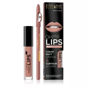 Eveline Oh! My Lips, zestaw: matowa pomadka w płynie i konturówka, 01 neutral nude,