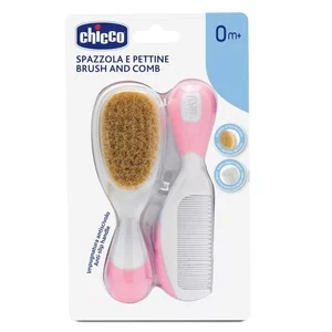 Chicco Brush and Comb zestaw szczotka z naturalnego włosia + grzebyk dla dzieci 0m+ Różowy