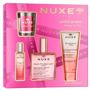 Nuxe Happy In Pink zestaw suchy olejek regenerujący 100ml + żel pod prysznic 100ml + perfumy 15ml + świeca zapachowa 60g (W)