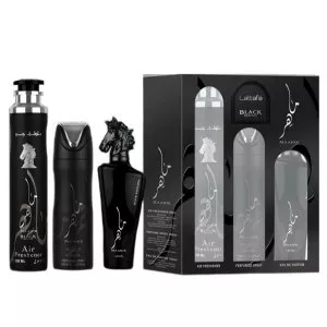Lattafa Maahir Black Edition zestaw woda perfumowana spray 100ml + dezodorant spray 200ml + odświeżacz powietrza 300ml (U)