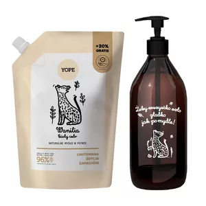 Yope, zestaw mydło w płynie 600ml refill + szklana butelka, wanilia biały cedr