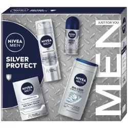 Nivea Men Silver Protect Collection zestaw pianka do golenia 200ml + balsam po goleniu 100ml + antyperspirant roll-on 50ml + żel pod prysznic 3w1 250ml (M)