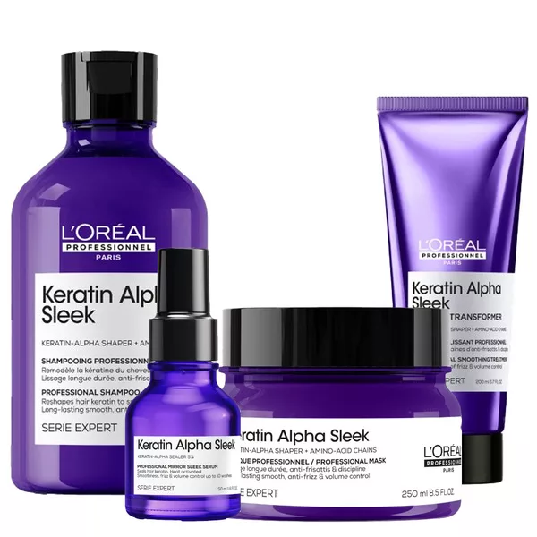 Loreal Keratin Alpha Sleek, zestaw wygładzający do włosów puszących się, szampon + kuracja + maska + olejek