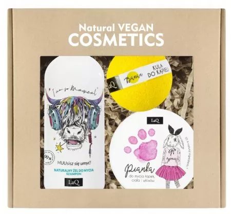 LaQ Zestaw dla dzieci Music: żel Krowa 300ml, pianka do łapek różowa 50ml, kula BANAN (żółta) 120g (sianko)