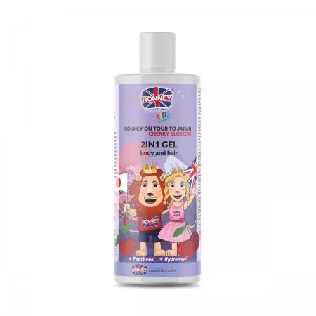Ronney Kids on tour to Japan, Delikatny żel do mycia włosów i ciała dla dzieci 2w1 o zapachu wiśniowym 300ml