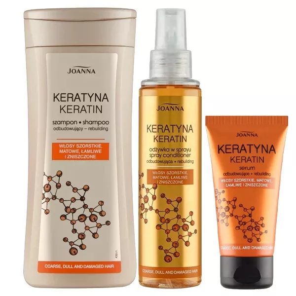 Joanna Keratyna, zestaw odbudowujący włosy zniszczone, szampon + odżywka w sprayu + serum, 200ml + 150ml + 50g
