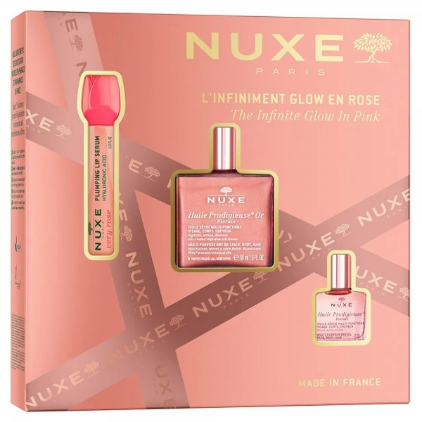Nuxe The Infinite Glow In Pink zestaw suchy olejek z drobinkami 50ml + nawilżające serum powiększające usta 8ml + suchy olejek 10ml