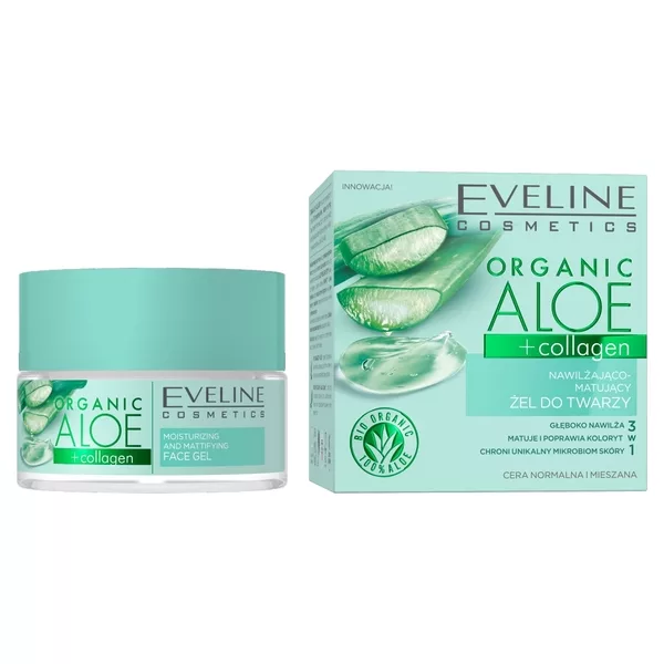 Eveline Organic Aloe + Collagen, nawilżająco-matujący żel do twarzy, 50ml