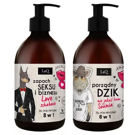 LaQ, walentynkowy zestaw żeli do mycia ciała i rąk dla mężczyzn, doberman + dzik, 2x 500ml