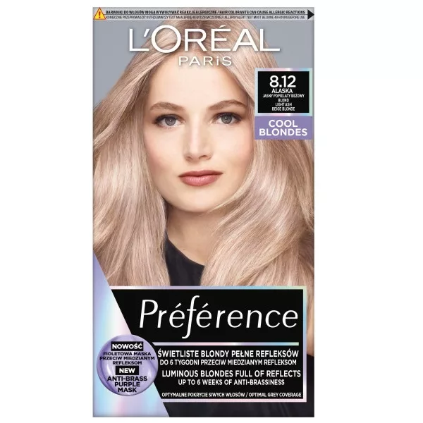 L'Oreal Paris Préférence Trwała Farba do Włosów, 8.12 Alaska Jasny Popielaty Beżowy Blond