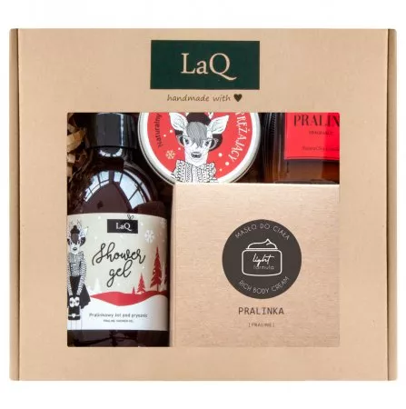 LaQ, Zestaw: Pralinka - żel pod prysznic, masło do ciała, mus do twarzy i świeca sojowa