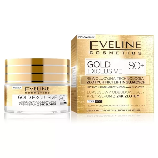 Eveline Gold Exclusive, luksusowy odbudowujący krem-serum z 24k złotem 80+, 50ml