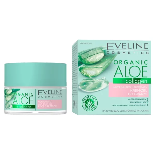 Eveline Organic Aloe + Collagen, nawilżająco-łagodzący krem-żel do twarzy, 50ml