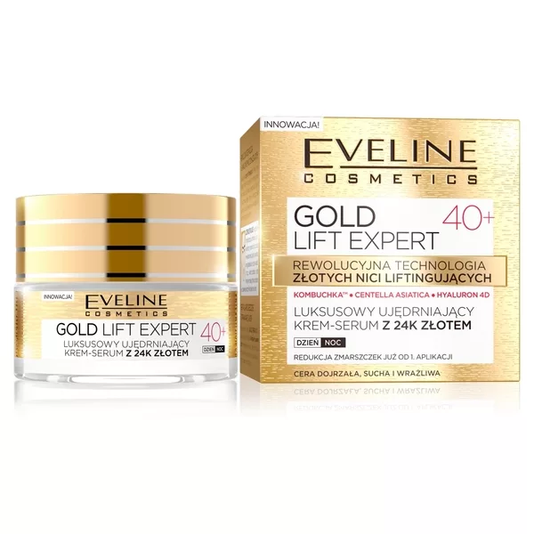 Eveline Gold Lift Expert, luksusowy ujędrniający krem-serum z 24k złotem, na dzień i na noc, 40+, 50ml