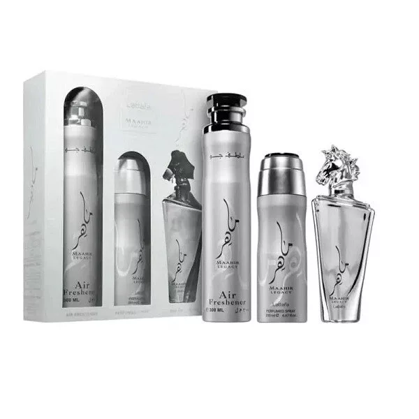 Lattafa Maahir Legacy zestaw woda perfumowana spray 100ml + dezodorant spray 200ml + odświeżacz powietrza 300ml (M)