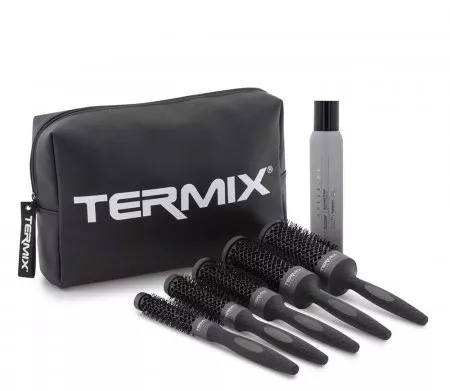 Termix Evo Plus, zestaw 5 szczotek czarnych okrągłych + spray Glossy, różne rozmiary