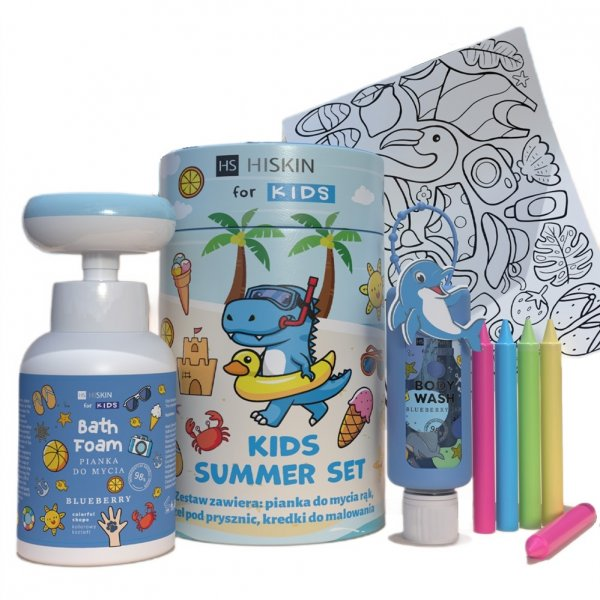 HiSkin Kids Summer Blue zestaw dla dzieci płyn do kąpieli 75ml + pianka do mycia 300ml + kredki 5szt + kolorowanka