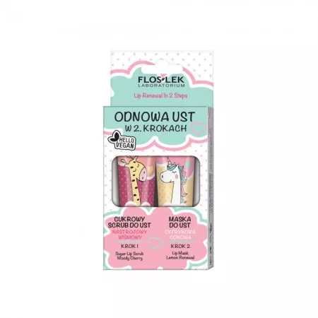 FlosLek Vege Lip Care zestaw odnowa ust w 2 krokach cukrowy scrub nastrojowy wiśniowy + maska do ust cytrynowa odnowa 2x14g