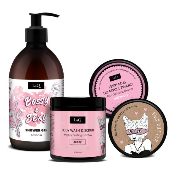 LaQ Piwonia Silver, zestaw, żel 500ml + mus do twarzy 40g + masełko 50ml + peeling 220g (sianko)