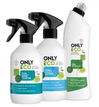 OnlyEco, zestaw do sprzątania łazienki: płyn do szyb + płyn uniwersalny + żel do WC