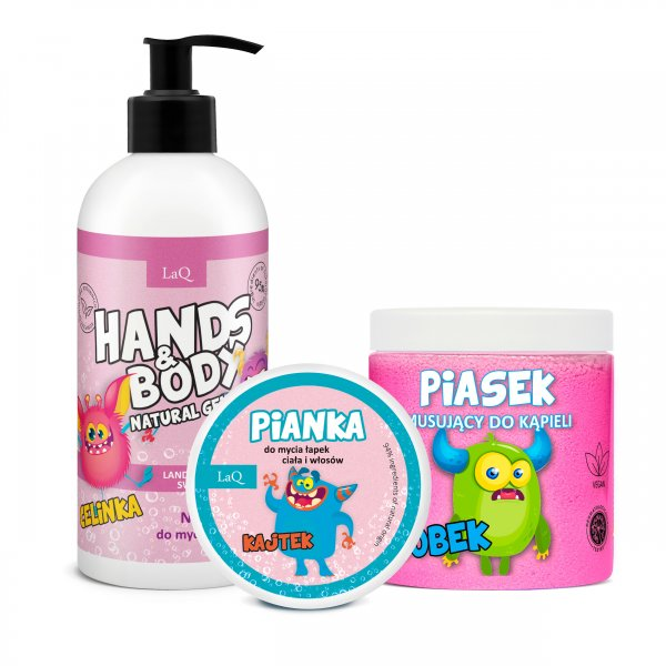 LaQ Landryna, zestaw do ciała dla dzieci, żel 300ml + pianka 3-kolorowa 100g + piasek różowy 190g (sianko)