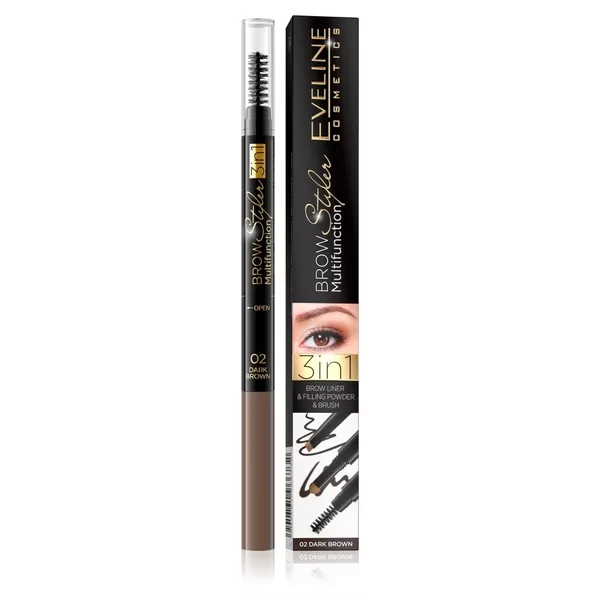 Eveline Brow Styler Multifunction, kredka do brwi 3w1, 02 brown