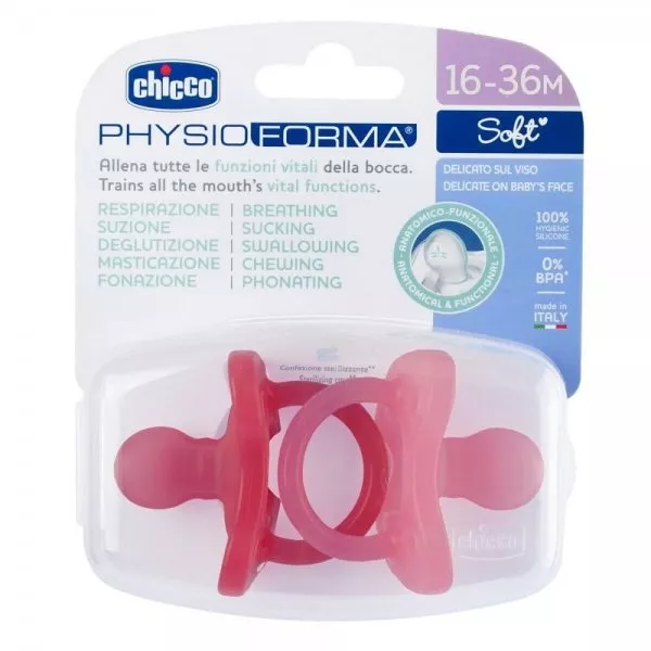 Chicco PhysioForma Soft smoczek silikonowy uspokajający 16-36m Różowy 2szt.