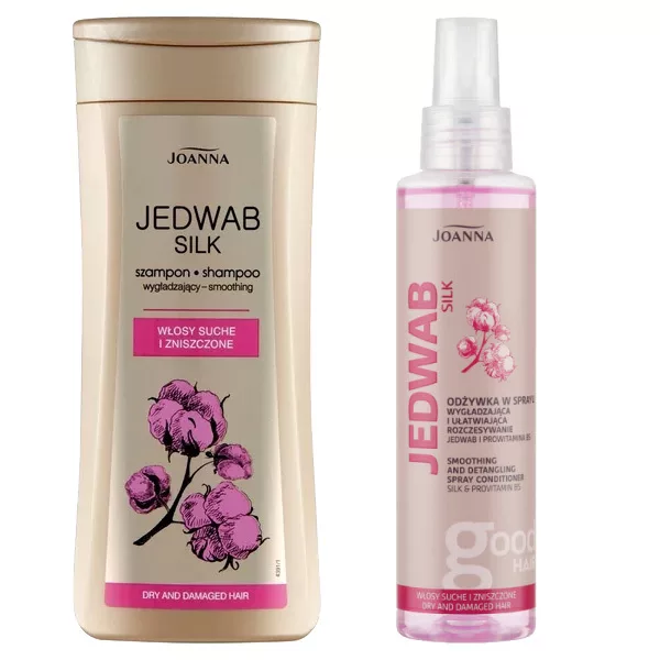 Joanna Jedwab, zestaw wygładzający włosy niesforne, szampon + odżywka w sprayu, 200ml + 150ml