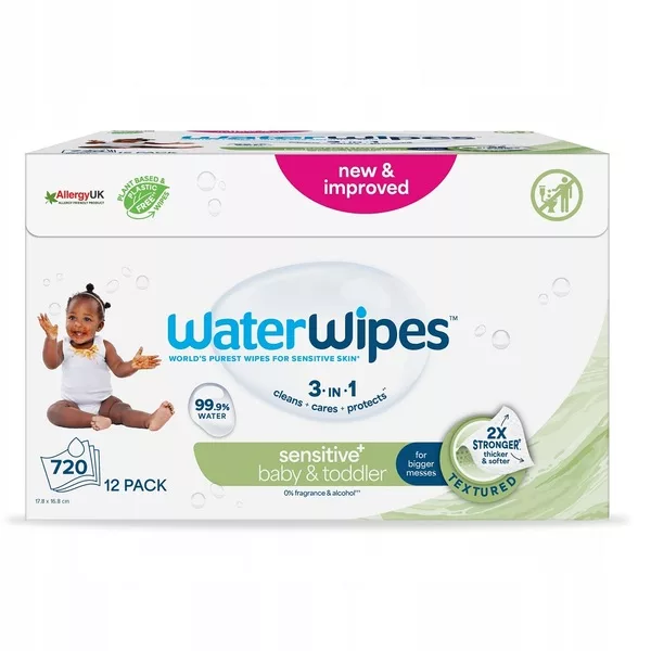 WaterWipes Sensitive+ Niemowlę i Małe Dziecko chusteczki nawilżane 99.9% wody 12x60szt.