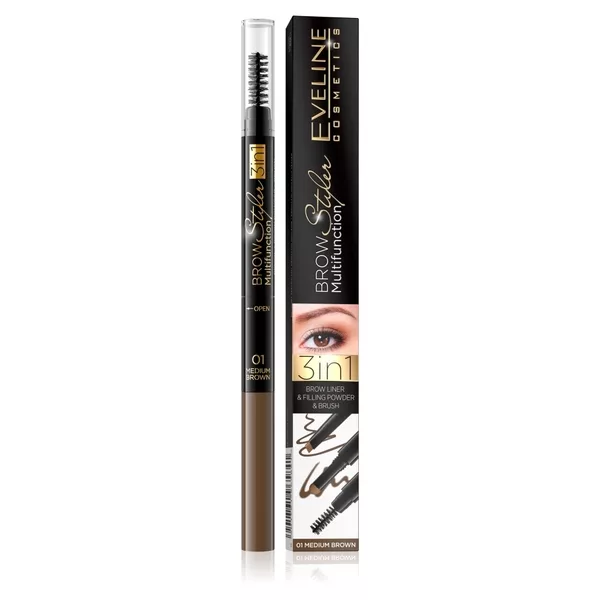 Eveline Brow Styler Multifunction, kredka do brwi 3w1, 01 medium brown