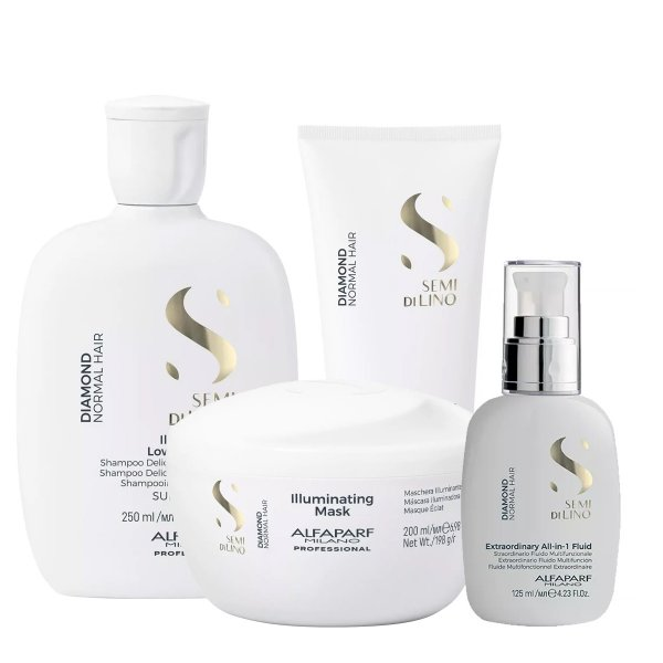 Alfaparf Milano Semi di Lino Diamond, zestaw rozświetlający do włosów, szampon + odżywka + maska + eliksir