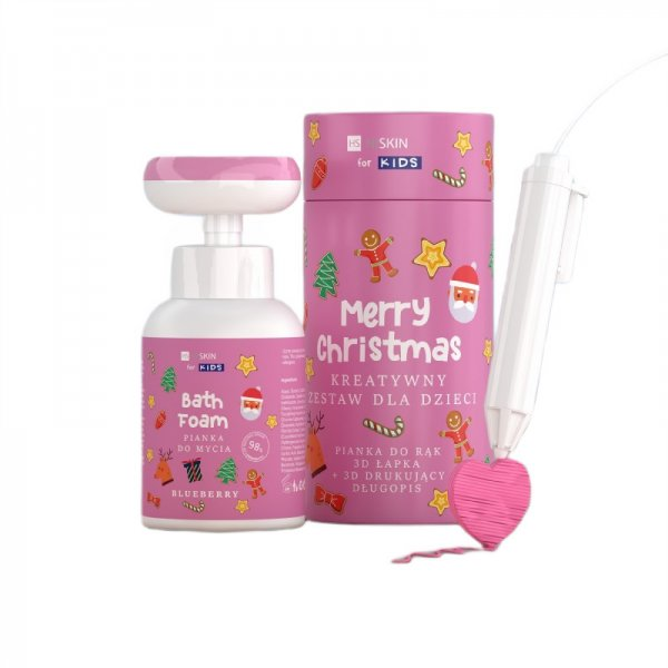 HiSkin Kids Merry Christmas kreatywny zestaw dla dzieci różowa pianka do mycia rąk Jagodowa 300ml + długopis 3D 1szt