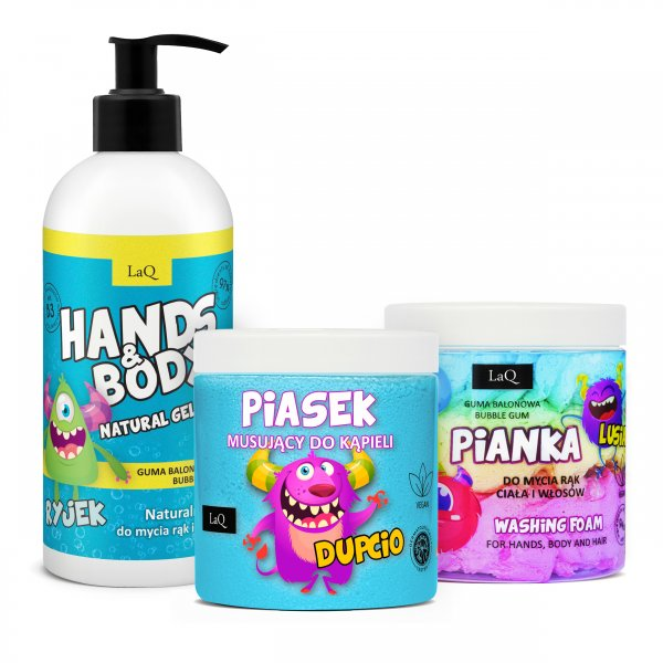 LaQ Guma Balonowa, zestaw do ciała dla dzieci, żel 300ml + pianka 3-kolorowa 100g + piasek niebieski 190g (sianko)