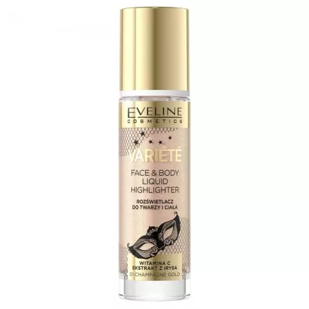 Eveline Variété, płynny rozświetlacz do twarzy i ciała, 01 champagne gold, 30ml