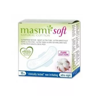 Masmi Soft Night Ultra-Thin Pads ultracienkie podpaski na noc ze skrzydełkami z bawełny organicznej 10 sztuk