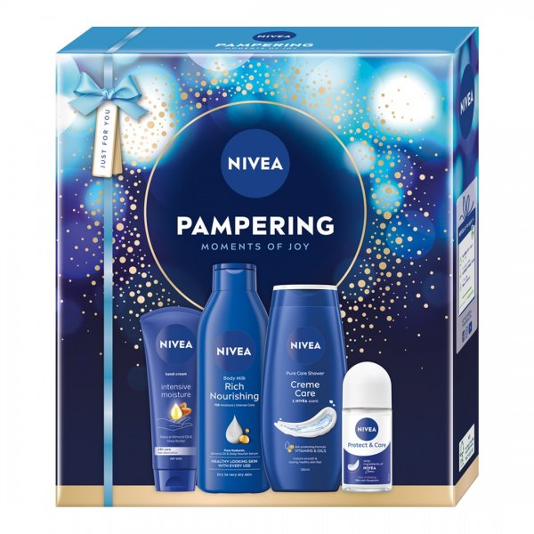 Nivea Pampering zestaw pielęgnujący żel pod prysznic 250ml + odżywcze mleczko do ciała 250ml + intensywnie nawilżający krem do rąk 100ml + antyperspirant w kulce 50ml (W)